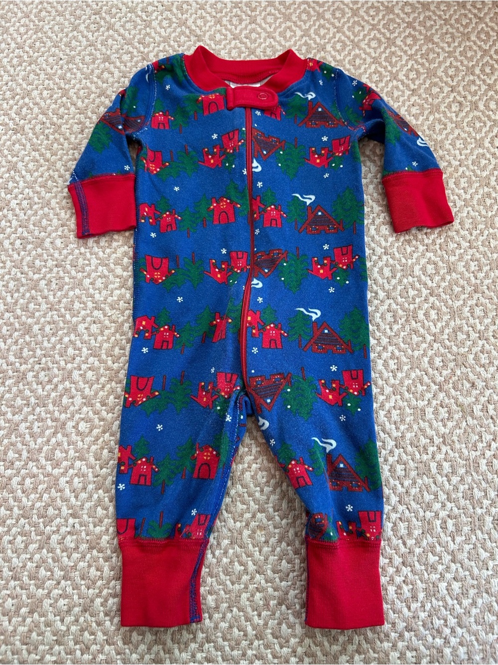 Hanna Andersson Blue One-Piece Footie with Red Trim and Christmas Cabin Print
